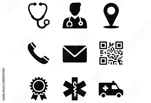 WebEssential medical service icons including stethoscope, doctor, location pin, phone, envelope, QR code, award, star of life, and ambulance for healthcare communication and branding