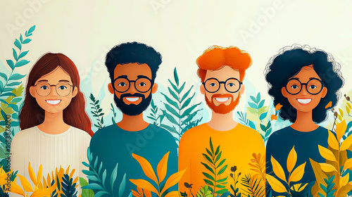 Diverse Group of Four Smiling Individuals Among Lush Foliage in a Colorful Illustration