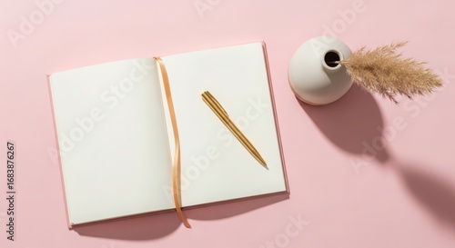 Wallpaper Mural Open blank notebook with a golden pen and a decorative vase with dried grass on a pink surface with shadows Torontodigital.ca