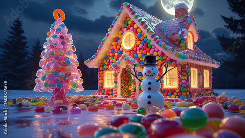 Lit up Glass Christmas candy house with a glass tree and lass snowman.