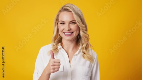 Wallpaper Mural Blonde woman thumbs up yellow background studio Torontodigital.ca