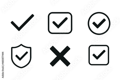 Outline vector icons of check marks and crosses on transparent background  