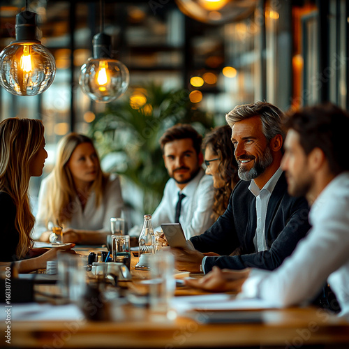 Diverse Group of Professionals Collaborating in a Modern Office Meeting Environment with Warm Lighting