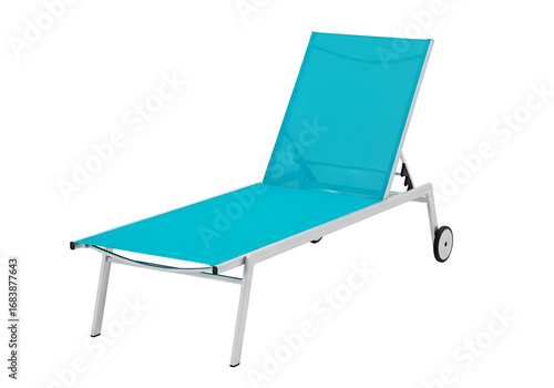 A modern turquoise sun lounger with white aluminum frame is displayed against a black background.