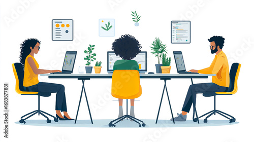 Diverse Group of Three Individuals Collaborating at a Round Table Surrounded by Plants and Modern Technology