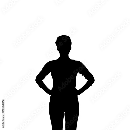 A bold, black silhouette of a woman standing confidently with hands on hips against a pure white background.