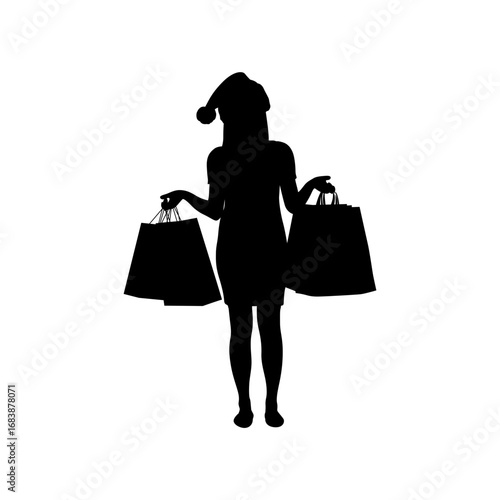 A black silhouette of a woman wearing a Santa hat, holding two shopping bags, depicts a festive shopping experience.