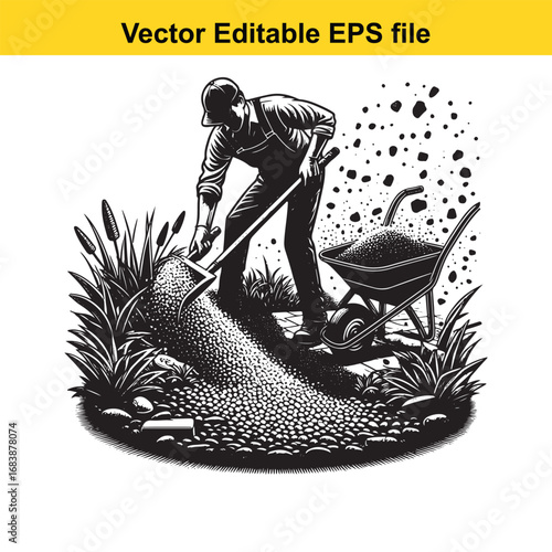 Gardener with shovel and wheelbarrow working with soil and plants