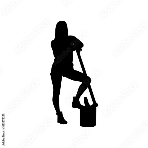 A stylish silhouette of a woman cleaning, leaning against a mop handle.