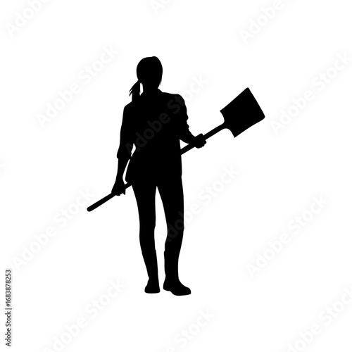 A bold, impactful silhouette of a woman holding a shovel, conveying a strong, capable presence in a gardening or landscaping setting.