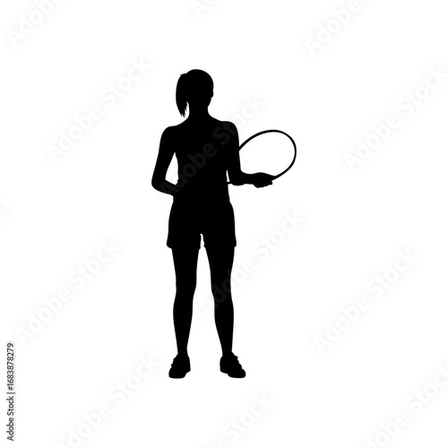 A bold, black silhouette of a woman playing tennis.