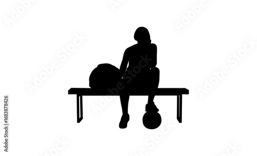 A black silhouette of a woman seated on a park bench, potentially waiting or taking a break.