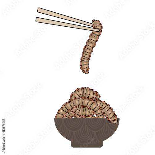 Edible mealworms in a bowl - hand drawn vector illustration.