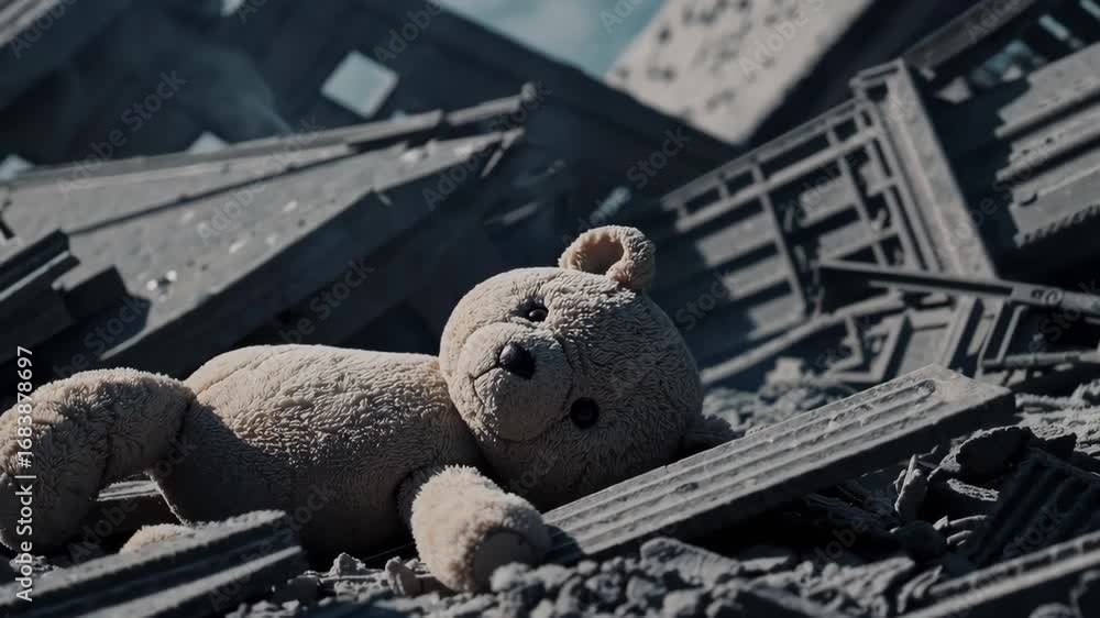 custom made wallpaper toronto digitalDestroyed buildings with abandoned child’s toy symbolizing tragic war and global crisis.