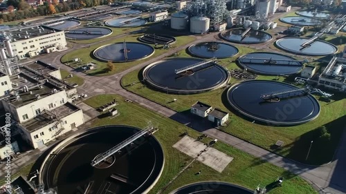 Aerial view of wastewater treatment plant, autumn