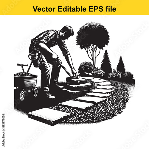 Gardener laying stone path in garden with cart and trees, vector illustration