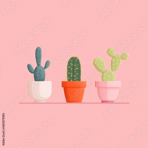 Ilustración de diferentes tipos de cactáceas en macetas