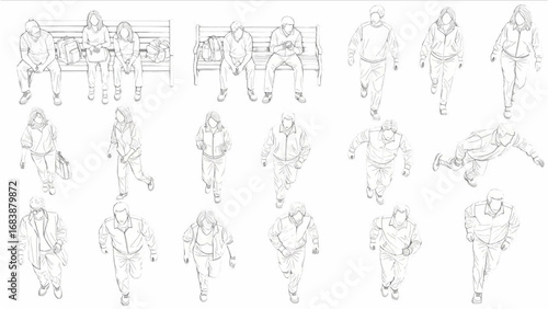 CAD People Outline Set Top View | Sitting, Walking, Running Human Figures Vector on Grey Background