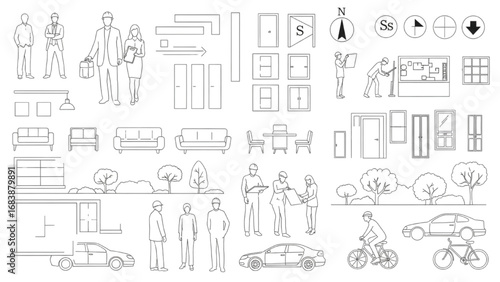 CAD People Outline Set Top View | Sitting, Walking, Running Human Figures Vector on Grey Background