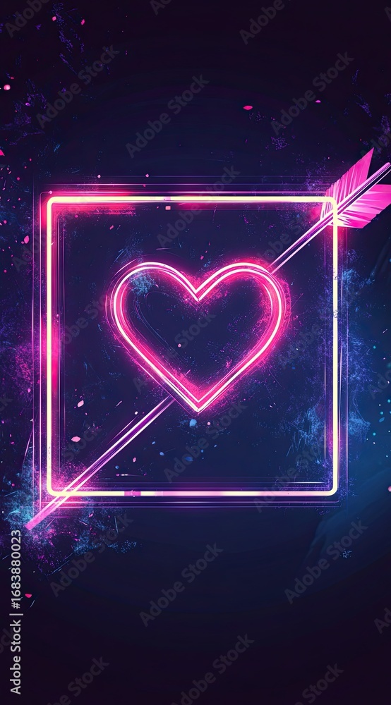 Obraz premium Neon frame with an arrow and heart on a dark background