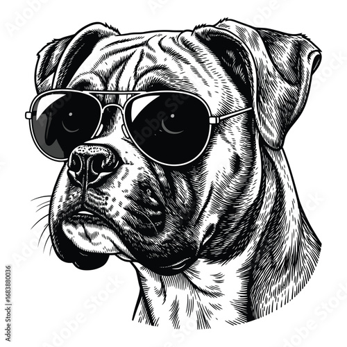 Vector art of a cool boxer dog wearing sunglasses isolated on white background