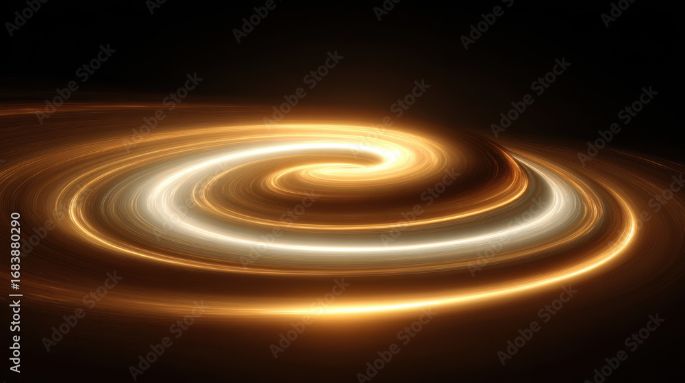 Fototapeta premium Mesmerizing swirl of light creates cosmic spiral, resembling galaxy in motion. vibrant hues of gold and white evoke sense of wonder and mystery in vast universe