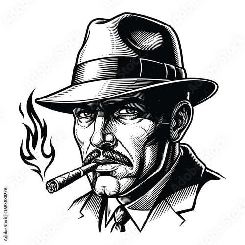 Vector art of a serious gangster with a fedora and cigar isolated on white background