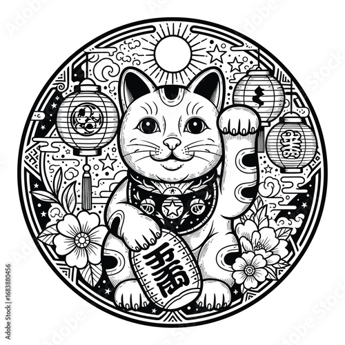 Vector art of a maneki neko cat surrounded by lanterns and flowers, isolated on white background