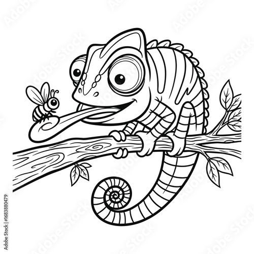 Vector art of a cartoon chameleon is catching a bee with its tongue, isolated on white background