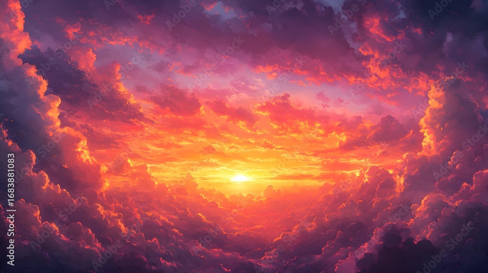 Fototapeta premium A vibrant sunset view from above, showcasing a dramatic array of fiery oranges and purples through a thick layer of clouds.