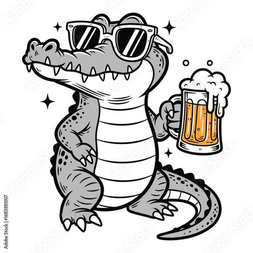 Vector art of a cool alligator is holding a beer and wearing sunglasses isolated on white background
