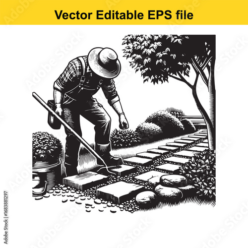 Gardener working on a stone path in a garden, vector illustration