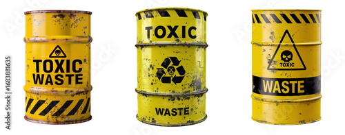 Three yellow industrial barrels labeled toxic waste with hazard symbols, isolated on transparent background