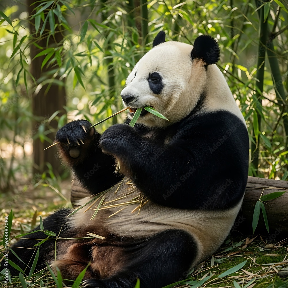 Fototapeta premium Panda Eating Bamboo in Natural Habitat.