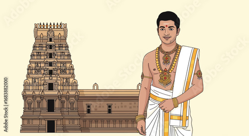 Illustration of a Hindu Priest and a South Indian Temple.