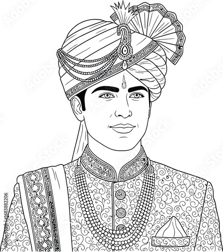 Indian Groom in Traditional Turban and Sherwani Line Drawing.