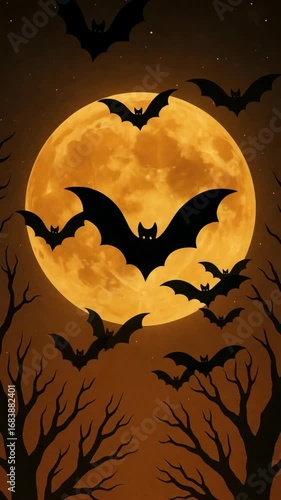 Aerial view of silhouetted bats flying against a large, glowing full moon. Eerie, atmospheric style ideal for a Halloween-themed video backdrop. Live mobile wallpaper.