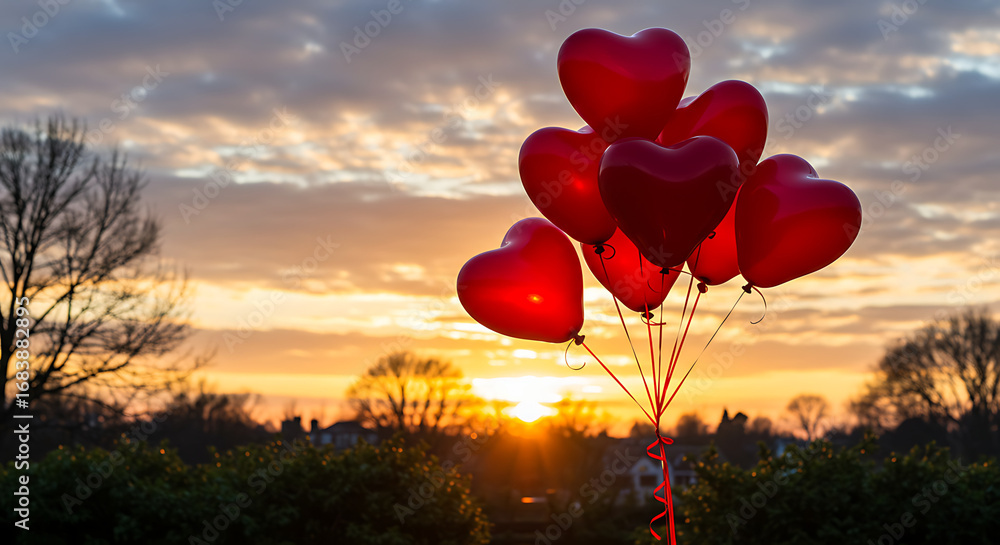 Fototapeta premium Heart-shaped red balloons float against a vibrant sunset backdrop, symbolizing love and celebration.