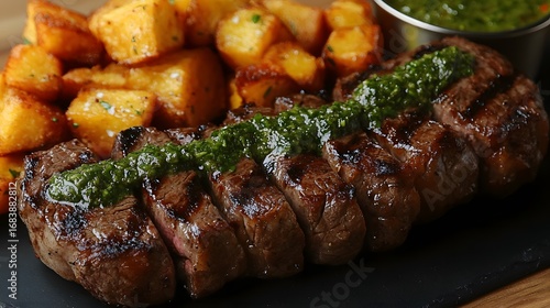 A grilled steak, seasoned with a vibrant green sauce, sits alongside golden-brown roasted potatoes on a dark plate, showcasing a delicious meal.