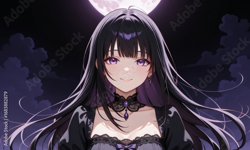 Elegant anime girl in gothic black lace dress under glowing full moon, with flowing hair and purple eyes — mystical night scene perfect for fantasy, celestial, and gothic stock visuals