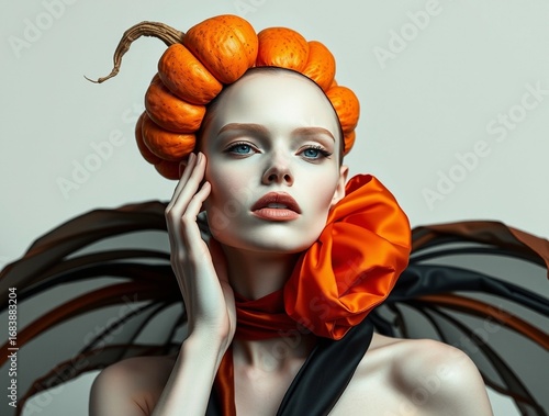 Woman in pumpkin headpiece and sculptural fall costume