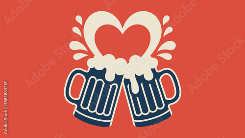 Two beer mugs toasting with foam forming a heart shape on a red background design