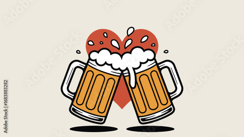 Two beer mugs toasting with foam and a heart in the background for celebration