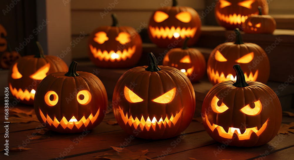 Fototapeta premium Glowing jack-o'-lanterns with varied expressions line porch steps, illuminating the autumn night.