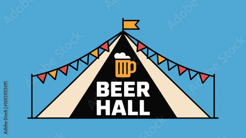 Illustrated beer hall tent with pennants and a beer mug on a light blue background