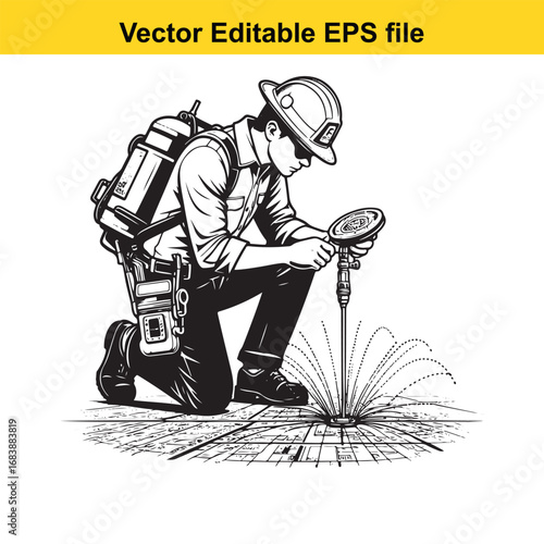 Construction worker operating a drilling tool on a surface