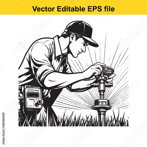 Man adjusting irrigation system valve in grassy field, vector illustration