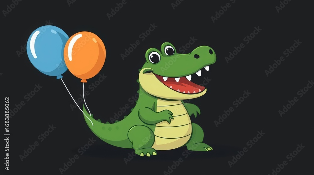 Fototapeta premium Joyful cartoon alligator holding balloons, perfect for children's entertainment and birthday designs