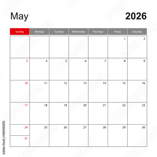 Wall calendar template for May 2026. Holiday and event planner, week starts on Sunday.