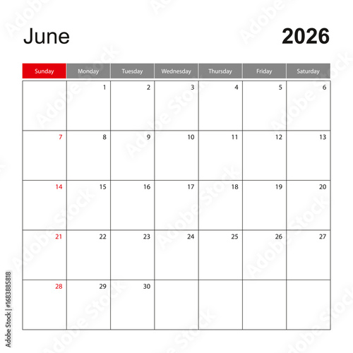 Wall calendar template for June 2026. Holiday and event planner, week starts on Sunday.